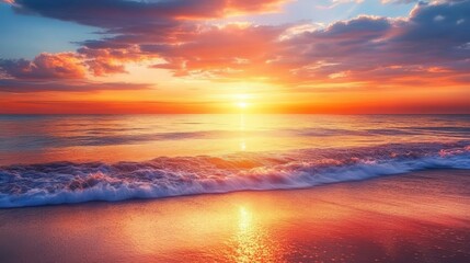 Fototapeta premium A stunning sunset at the coast, with the sky filled with warm colors and the ocean reflecting the orange and pink hues of the setting sun