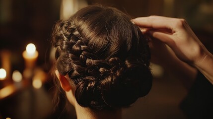 Naklejka premium Elegant and Intricate Braided Updo in Soft Focus with Warm Candlelight Background Showcasing Hair Styling Techniques and Professional Haircare Practices