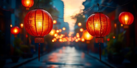 Beautiful red lanterns illuminate a serene street, creating a warm and enchanting evening glow, capturing the essence of cultural traditions.