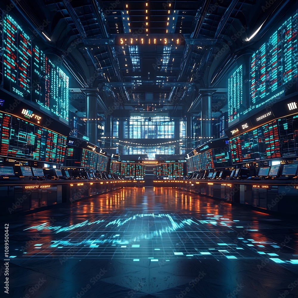 Poster futuristic exchange floor with digital data streams and corporate avatars navigating the competitive