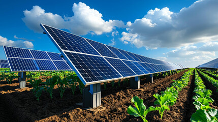 Futuristic solar farm. Futuristic solar panels in vibrant agricultural field under blue sky. scene showcases sustainable energy and healthy crops thriving together