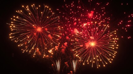 Red and yellow fireworks bursting in the sky, leaving room for text against a dark black background.
