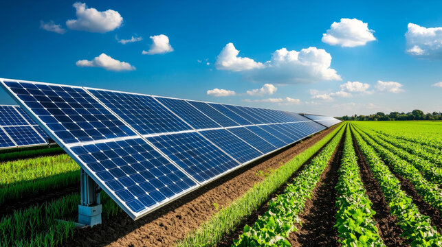 Futuristic solar farm. Futuristic agricultural solar panels in vibrant green field under blue sky. solar panels reflect innovation in sustainable farming practices