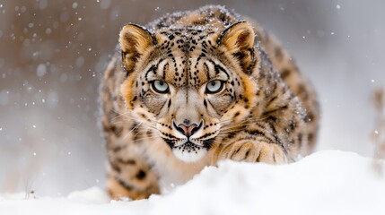 Fototapeta premium a snow leopard with blue eyes walking through the snow, its fur blending in with the white blanket of snow The background is blurred, giving the leopard a sense of