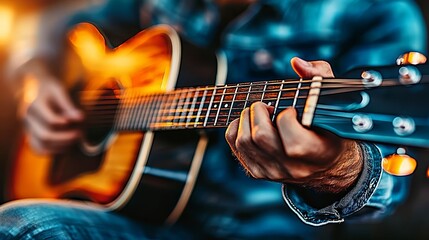 Obraz premium a man playing an acoustic guitar in front of a microphone, with a blurred background He is wearing a blue shirt and jeans, and has a focused expression on his face