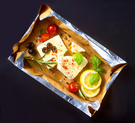 Feta Oliven Tomate und Zitrone, Backpapier, Schafskäse, 