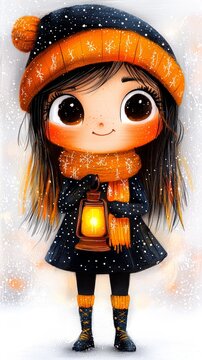  a cute cartoon girl wearing a black dress, scarf, and cap, holding a lantern in her hand, standing in the snow