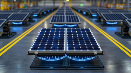 Futuristic solar farm. multi layer solar farm showcasing rows of solar panels, emphasizing renewable energy and technology. scene conveys innovation and sustainability