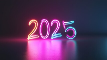 2025 in neon light tubes with vibrant colors on a dark minimalist background