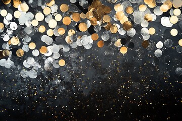 Fototapeta premium Abstract confetti patterns in silver and gold on a navy-blue canvas