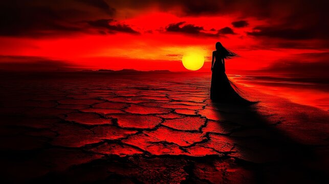 a woman standing in the middle of a desert at sunset, with the sky painted in a beautiful array of oranges, pinks, and purples The woman is silhouetted against the