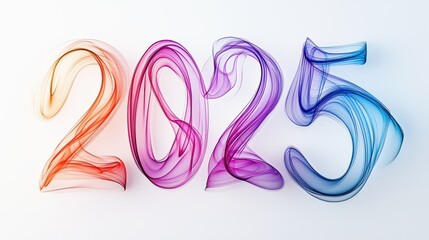 Obraz premium 2025 typography formed by colorful smoke ribbons, wispy and swirling in mid-air on white background