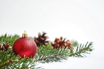 A red decorative piece sits atop a pine tree, perfect for winter or holiday scenes
