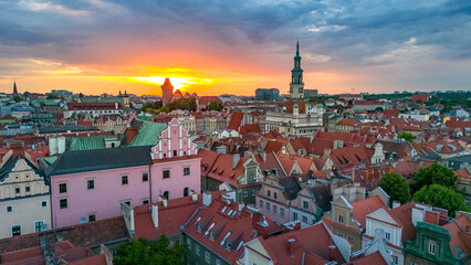 aerial view of the central square of the town hall and castle in poznan in poland at sunset in...