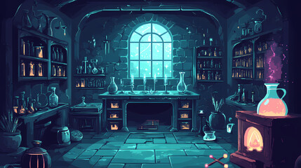Inside the room of the sorcerers a user of magical magic who stores spells and wands in a fantasy world. Mystic Alchemy Symbols. Illustration