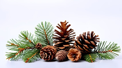 Christmas decoration with fir cones and fir branches isolated on a white background