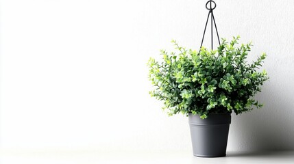 Home sweet home, A hanging potted plant casts a fresh, vibrant look against a minimalist background, adding a touch of greenery to the space.
