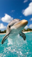 a dolphin jumping out of the water with its mouth open, surrounded by trees and a sky with clouds in the background