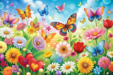 A vibrant garden scene filled with colorful flowers and butterflies under a bright blue sky, creating a cheerful and lively atmosphere.