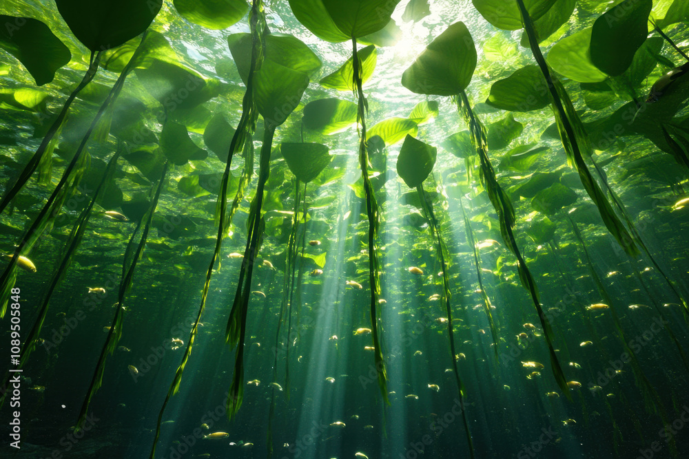 Poster seaweed farming + wakame. underwater scene featuring green lily pads filtering sunlight, creating a 