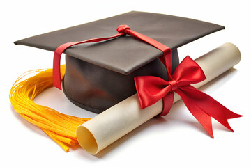 Graduation cap with a red ribbon and diploma rolled up beside it, symbolizing academic achievement and celebration.