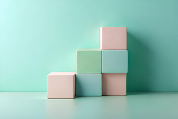 Colorful wooden blocks stacked against a mint green background, creating a playful and modern aesthetic suitable for children's themes or design concepts.