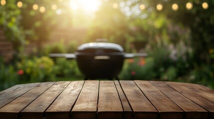 Wooden table with blurred background of BBQ grill and garden. Summer picnic concept.