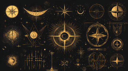 Abstract mystic astrology dark background. Mystic Alchemy Symbols. Illustration