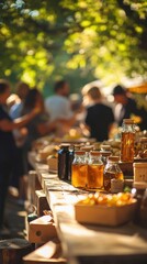 People enjoy sampling local produce, honey, and handmade goods at a lively market in the U.S