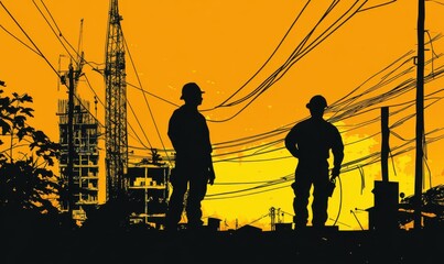 Silhouetted Workers Overseeing Urban Construction at Sunset
