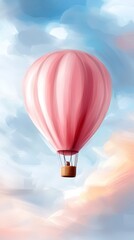Obraz premium a pink hot air balloon floating in the sky, with a basket attached to it, against a backdrop of fluffy white clouds