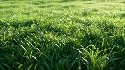 Fototapeta premium Lush green grass field with blades swaying in the breeze, bathed in warm sunlight.