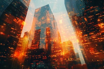 Double exposure of skyscrapers and glowing financial data overlays