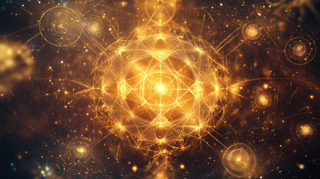 A cosmic background with a series of glowing golden sacred geometry shapes, symbolizing balance, harmony, connection, spirituality, and the universe. Mystic Alchemy Symbols. Illustration