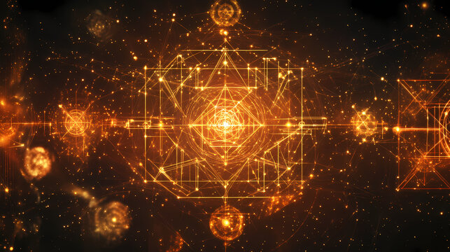 A cosmic background with a series of glowing golden sacred geometry shapes, symbolizing balance, harmony, connection, spirituality, and the universe. Mystic Alchemy Symbols. Illustration