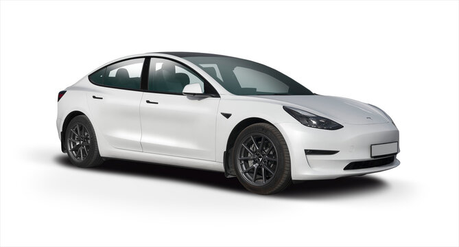 Tesla Model 3 car with white color side view isolated. PNG	