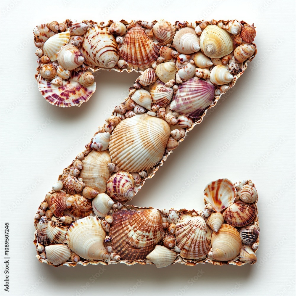 Poster letter z uniquely formed using variety colorful seashells showcasing intricate patterns and textures