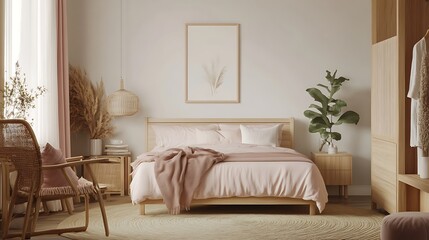 Fototapeta premium Elegant and Cozy Modern Bedroom Interior Design with Stylish Decor, mockup, poster and Background