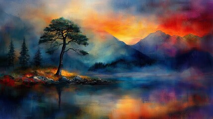  a painting of a lone tree in the middle of a mountain lake, surrounded by lush green trees and rolling hills The sky is painted in a beautiful array of colors, ran