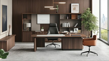 Modern office interior featuring a desk, chair, and shelving in a stylish environment.