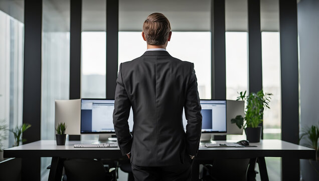 rear view of a CEO standing looking out the window in his office 