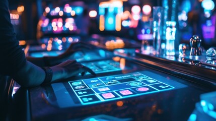Futuristic Casino Experience with Interactive Touchscreen Gaming and Vibrant Neon Lights in a Modern Gambling Environment