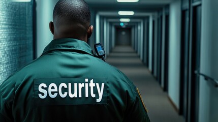 Security guard patrolling dimly lit office corridor while communicating with team