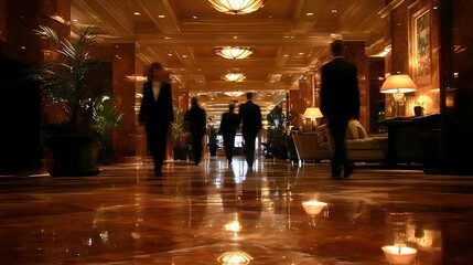 Elegant hotel lobby with polished marble floors and warm lighting, featuring blurred silhouettes of business people walking, creating a sophisticated atmosphere