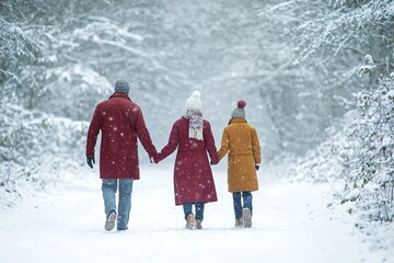 Three people walking hand in hand in snowy forest