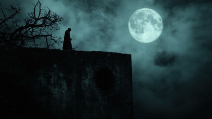Mysterious Figure Against a Moonlit Gothic Ruin: A Haunting Scene