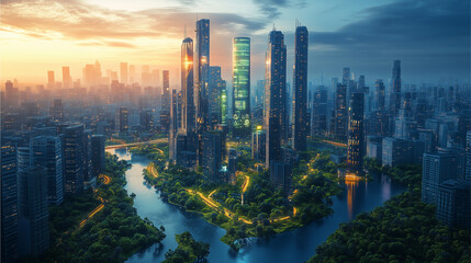 Obraz premium A vibrant futuristic cityscape glowing with holographic displays and sleek skyscrapers