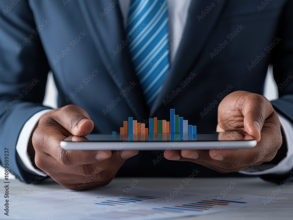 Poster a businessman holds a tablet displaying colorful bar graphs, symbolizing data analysis and financial