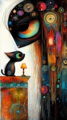 Obraz premium a painting of a black cat sitting atop a table, illuminated by a lamp The cat's eyes are wide open, giving the painting a whimsical and dreamy feel