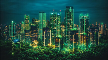 Obraz premium A vibrant futuristic cityscape glowing with holographic displays and sleek skyscrapers